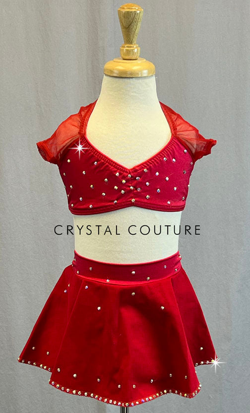 Red Cap Sleeve Top and Skirt - Rhinestones