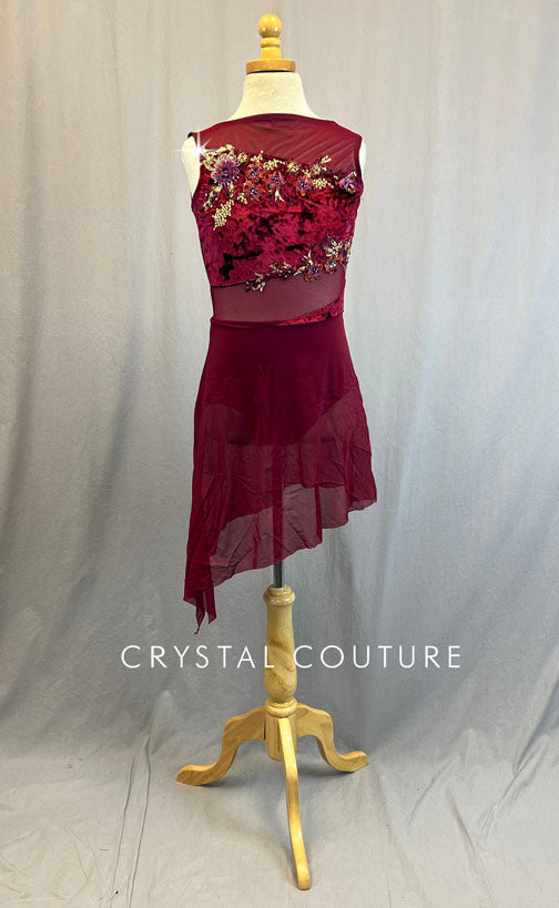 Custom Maroon Crushed Velvet Bodice Leotard and Attached Mesh Skirt.