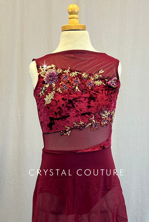 Custom Maroon Crushed Velvet Bodice Leotard and Attached Mesh Skirt.