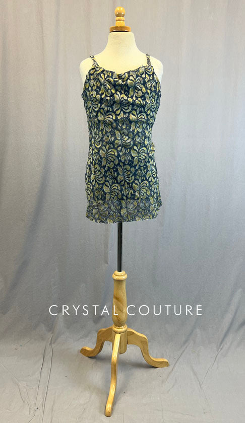 Custom Grey Blue and Yellow Floral Stretch Mesh Slip Dress With Attached Bra and Grey Trunks
