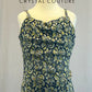 Custom Grey Blue and Yellow Floral Stretch Mesh Slip Dress With Attached Bra and Grey Trunks