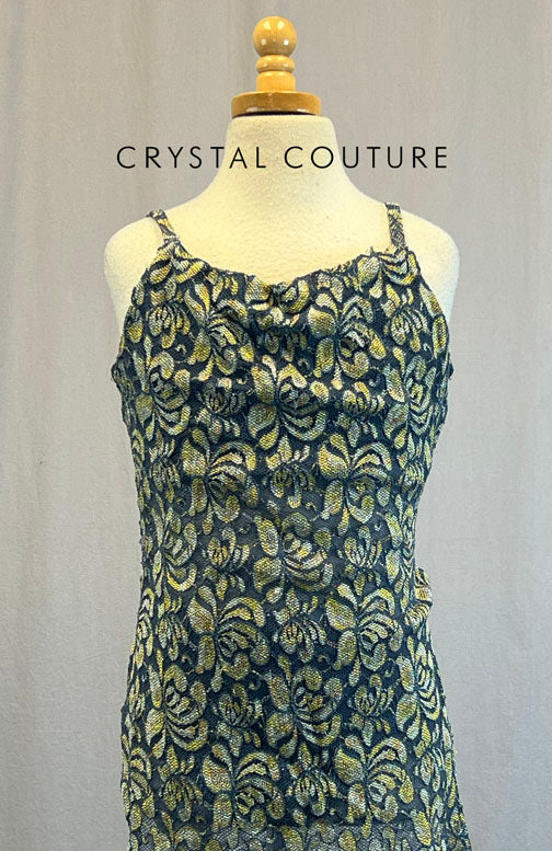 Custom Grey Blue and Yellow Floral Stretch Mesh Slip Dress With Attached Bra and Grey Trunks