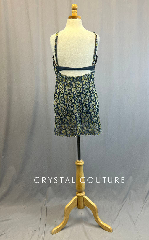 Custom Grey Blue and Yellow Floral Stretch Mesh Slip Dress With Attached Bra and Grey Trunks