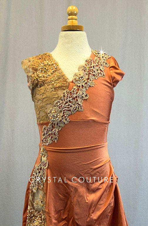 Custom Rust Orange and Nude Capped Sleeve Lyrical Dress With Lace and Nude Applique Details.