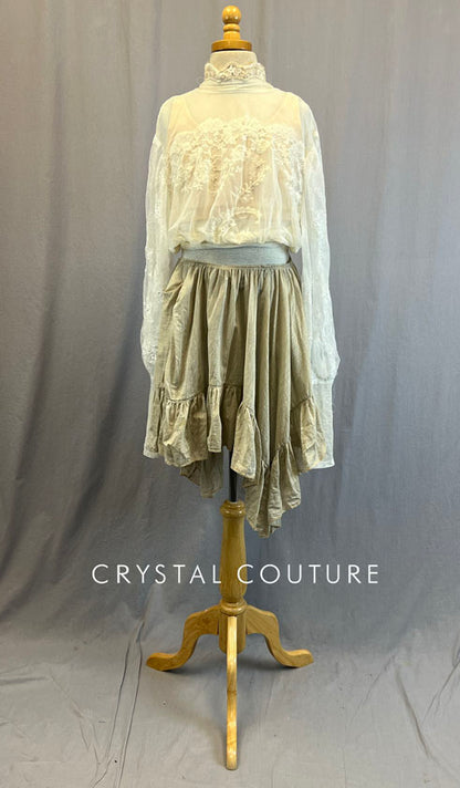 Custom Ivory Lace Blouse with Nude Bra Top and Tan Cotton Ruffled Skirt