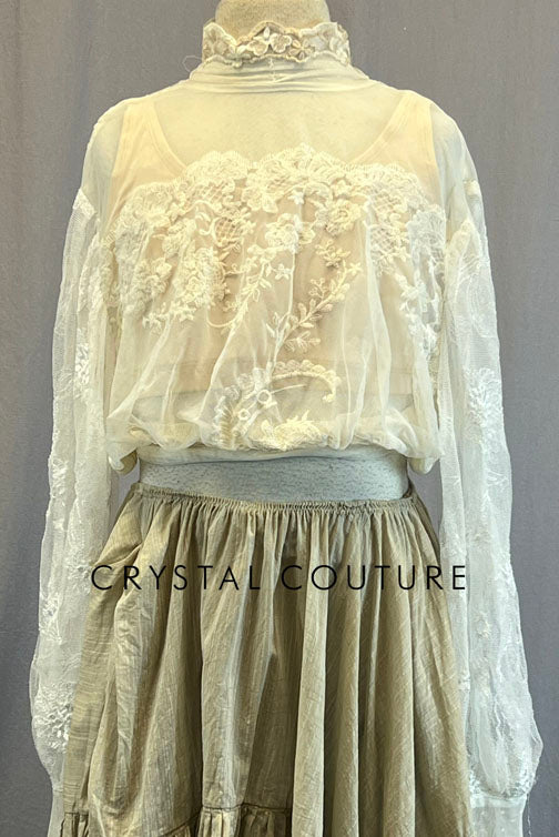 Custom Ivory Lace Blouse with Nude Bra Top and Tan Cotton Ruffled Skirt