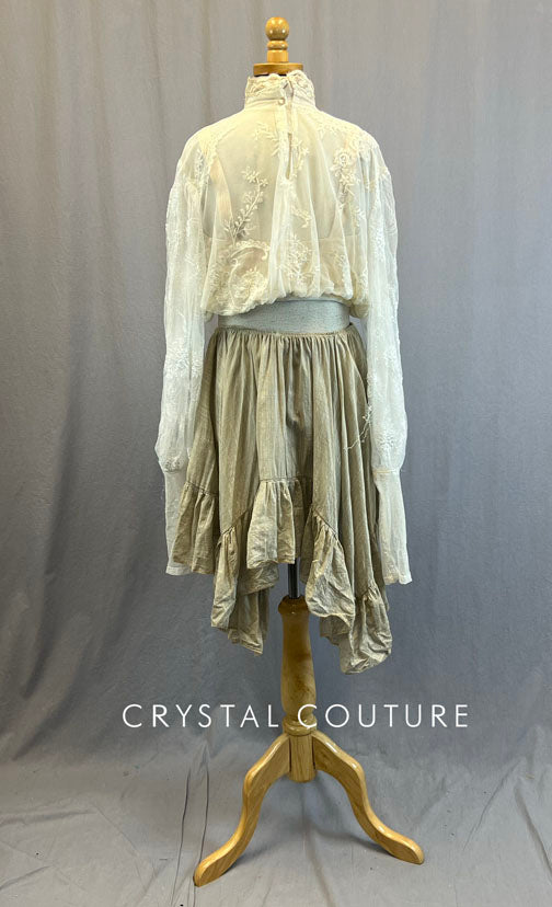 Custom Ivory Lace Blouse with Nude Bra Top and Tan Cotton Ruffled Skirt