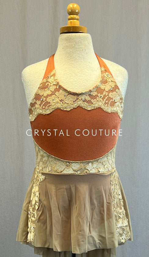 Custom Rust Orange Halter Leotard  with Nude Lace Cutouts and Attached Nude Mesh Skirt