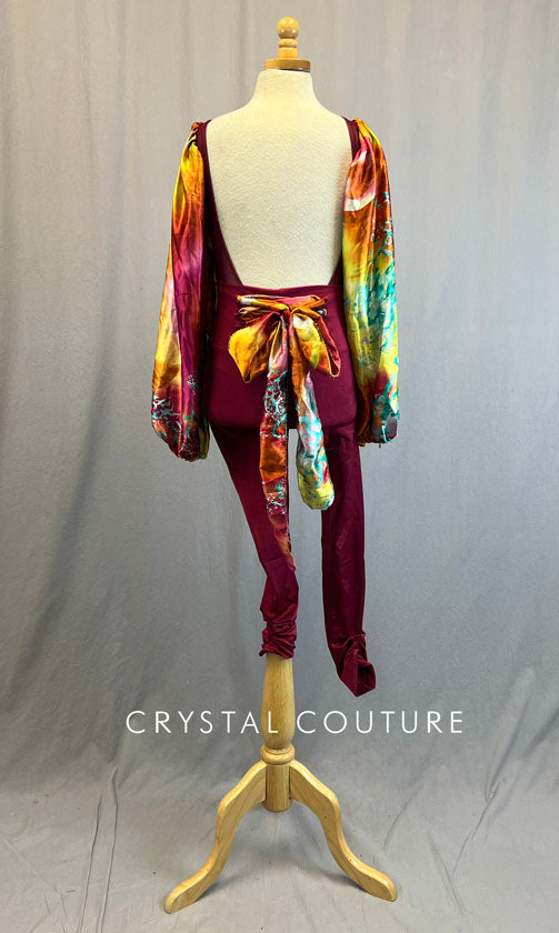 Custom Maroon Mesh Sheer Leotard with Silk Multicolored Balloon Sleeves and Maroon Lycra Leggings with Silk Multicolored Laces at waist.