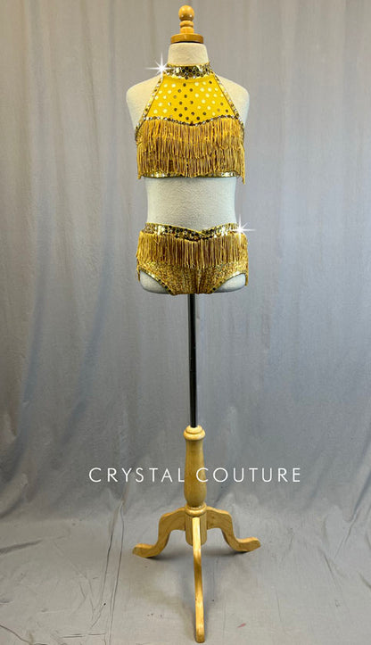 Gold Zsa Zsa Lycra and Gold Mesh Halter Top and Trunks with Gold Fringe