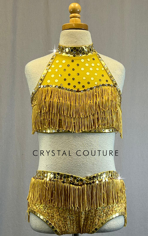 Gold Zsa Zsa Lycra and Gold Mesh Halter Top and Trunks with Gold Fringe