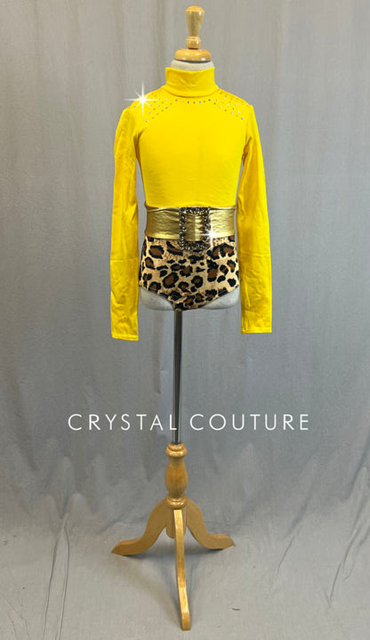 Yellow Mock Neck Leotard with Belt and Cheetah Print Trunks - Rhinestones