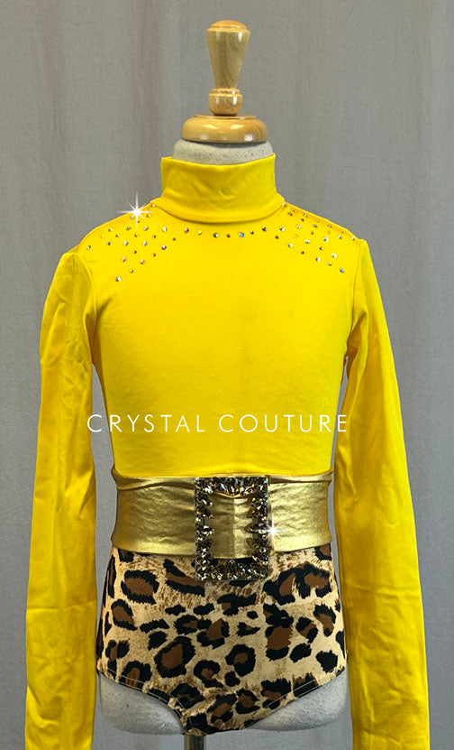 Yellow Mock Neck Leotard with Belt and Cheetah Print Trunks - Rhinestones