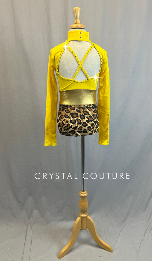 Yellow Mock Neck Leotard with Belt and Cheetah Print Trunks - Rhinestones