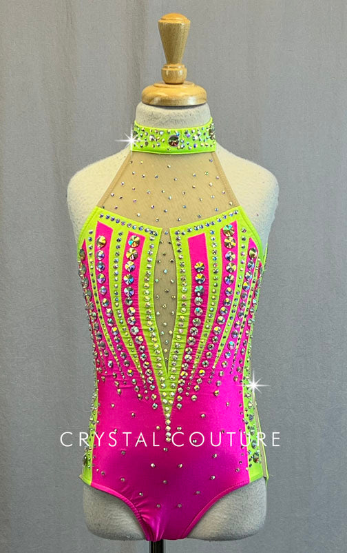 Hot Pink and Lime Green Leotard with Mesh Cutouts- Rhinestones