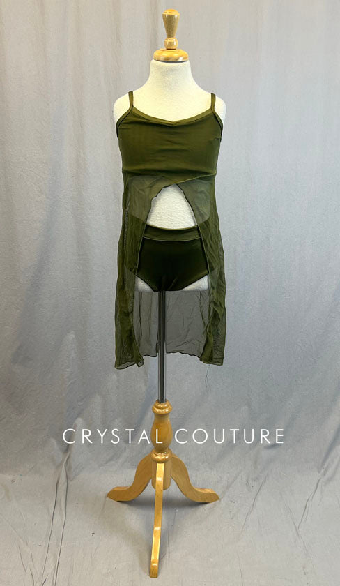 Army Green Bra Top With Connected Dress and Matching Green Trunks.