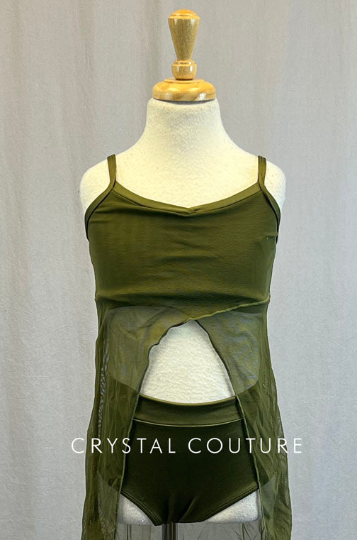Army Green Bra Top With Connected Dress and Matching Green Trunks.