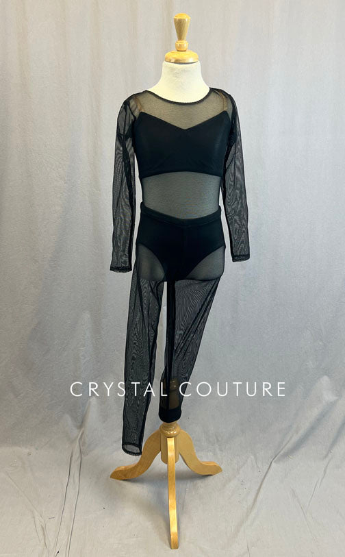 Custom Black Mesh Unitard with Attached Black Trunks and Bra Top