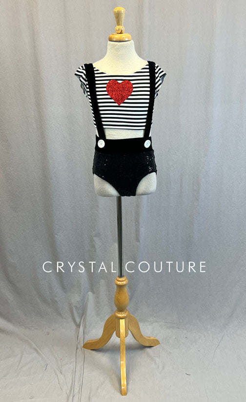 Black & White Striped Crop Top with Heart and Suspender Trunks