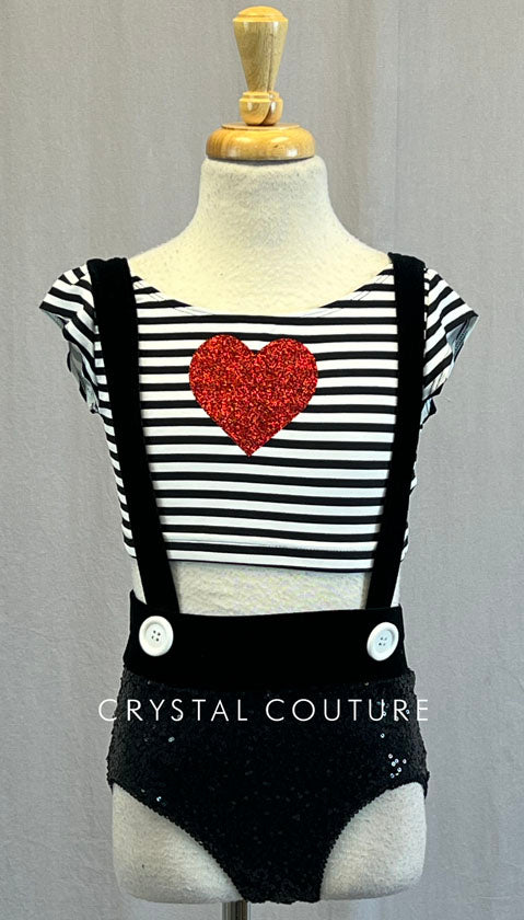 Black & White Striped Crop Top with Heart and Suspender Trunks