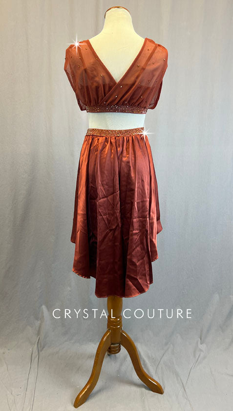 Rust Amber Two Piece with High Low Satin Skirt and Crop Top