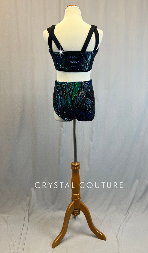 Green Blue Iridescent Solid Sequin Leotard with Back and Side Cutouts