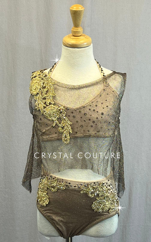 Custom Nude Two Piece with Brown and Gold Mesh Draping and Gold Appliques