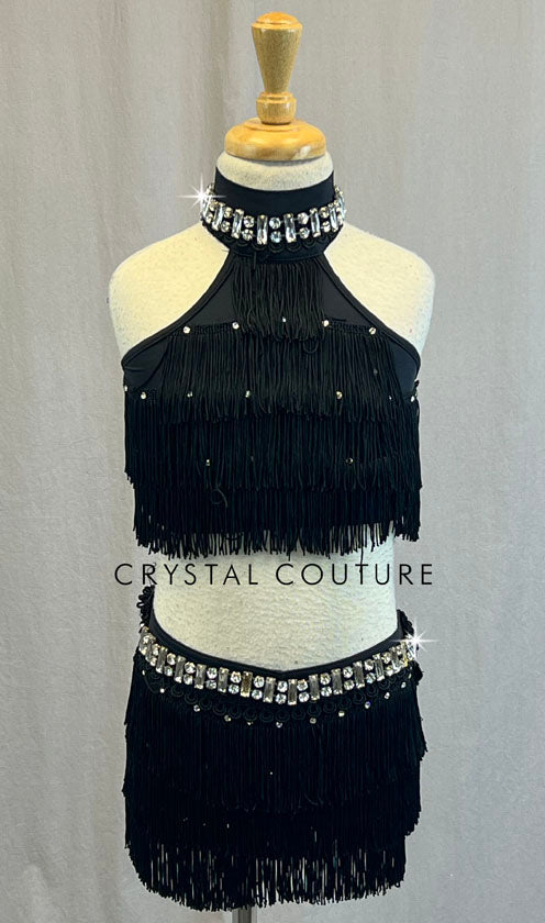 Black Fringe Two Piece Halter Top and Shorts