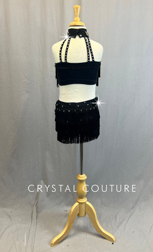 Black Fringe Two Piece Halter Top and Shorts