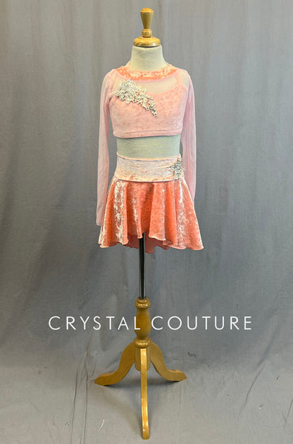 Coral Velvet Two Piece with Skirt and Appliques - Rhinestones