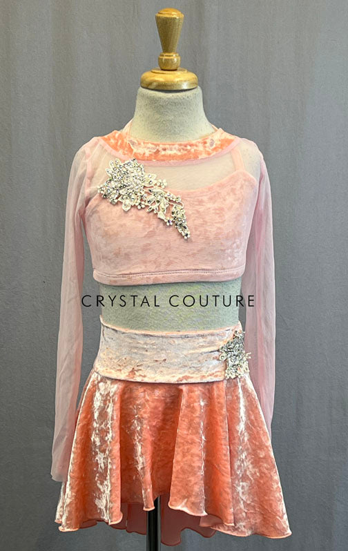 Coral Velvet Two Piece with Skirt and Appliques - Rhinestones