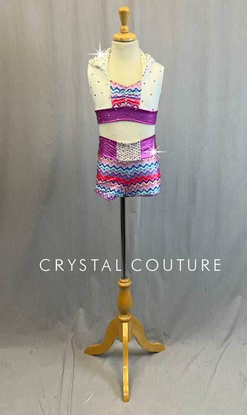 Purple & Pink Chevron Shorts with White Collared Top - Rhinestones