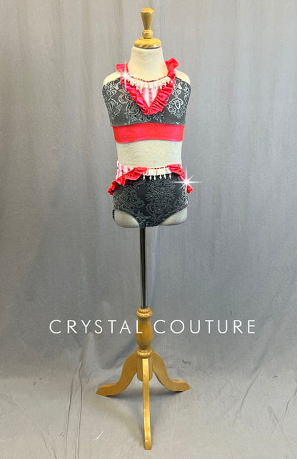 Grey Embossed Velvet Two Piece with Coral Ruffles and Details - Rhinestones