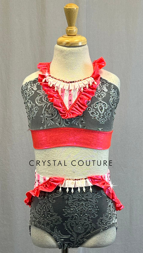 Grey Embossed Velvet Two Piece with Coral Ruffles and Details - Rhinestones