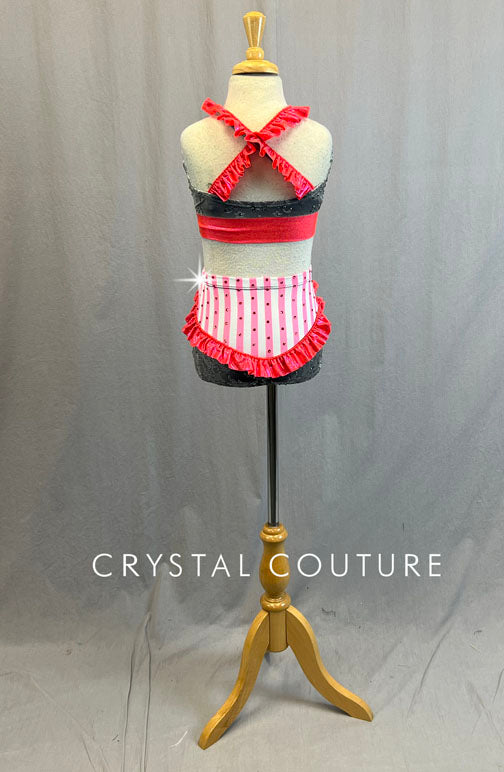 Grey Embossed Velvet Two Piece with Coral Ruffles and Details - Rhinestones