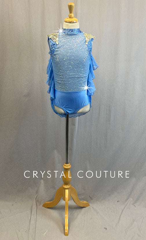 Blue Zsa Zsa Leotard with Mesh Back Ruffles and Shoulder Appliques - Rhinestones