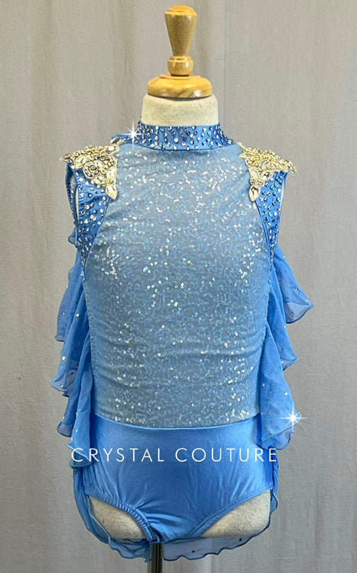 Blue Zsa Zsa Leotard with Mesh Back Ruffles and Shoulder Appliques - Rhinestones