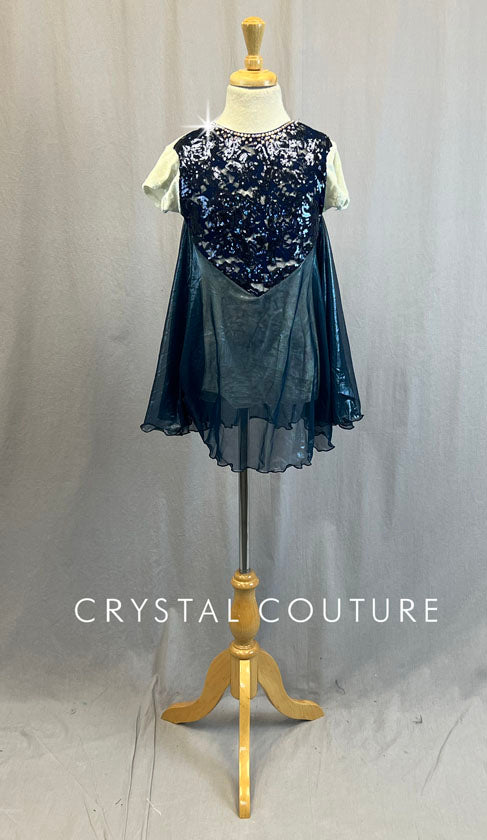 Cream & Navy Blue Sequin Top with Attached Shimmer Mesh Skirt - Rhinestones