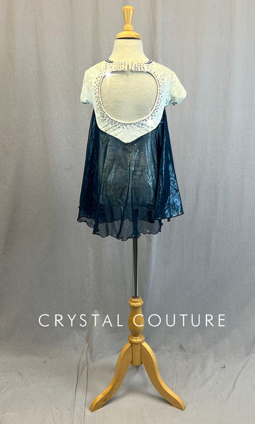 Cream & Navy Blue Sequin Top with Attached Shimmer Mesh Skirt - Rhinestones