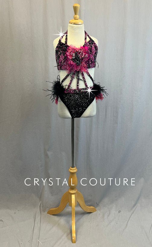 Pink & Black Connected Two Piece with Tulle and Feather Back Bustle - Rhinestones