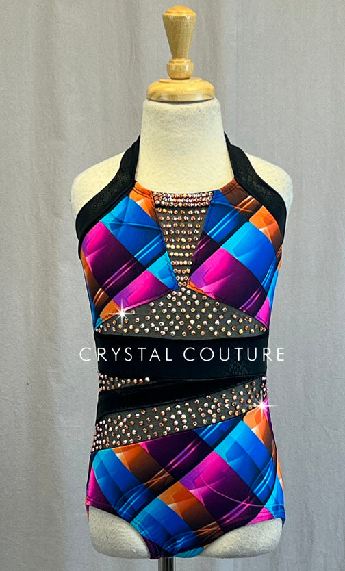 Blue, Pink & Orange Patterned Leotard - Rhinestones