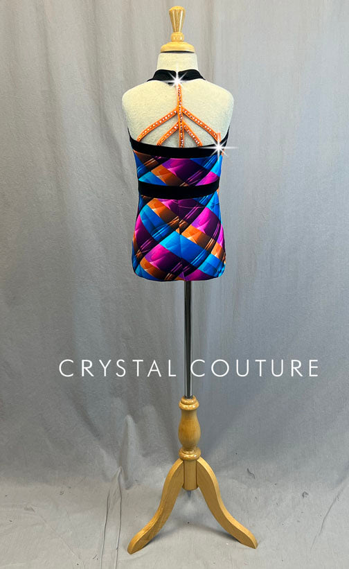 Blue, Pink & Orange Patterned Leotard - Rhinestones