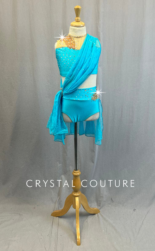 Aqua Blue Two Piece with Mesh Drape and Back Skirt - Rhinestones