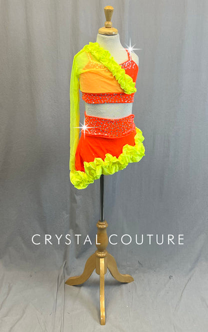 Neon Yellow & Orange Two Piece with Mesh Sleeve and Ruffles - Rhinestones