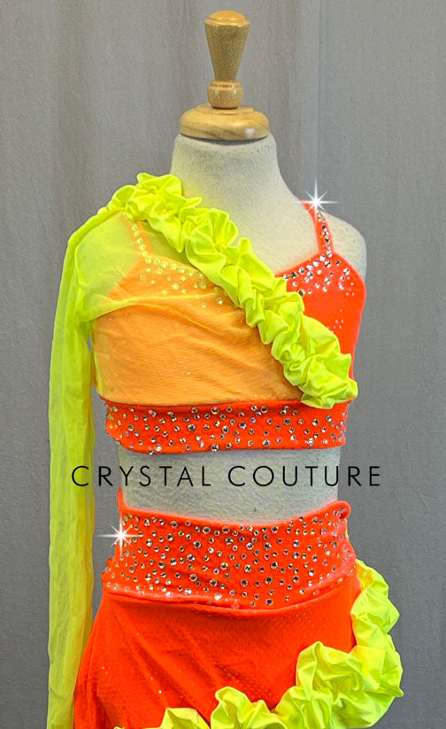 Neon Yellow & Orange Two Piece with Mesh Sleeve and Ruffles - Rhinestones