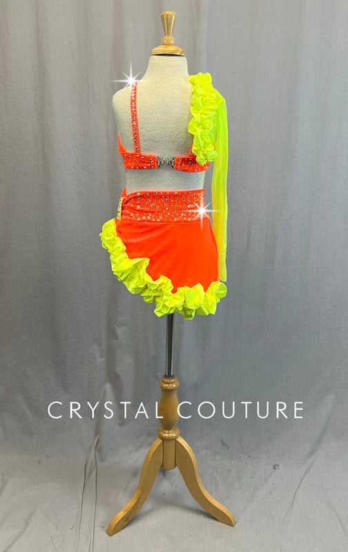 Neon Yellow & Orange Two Piece with Mesh Sleeve and Ruffles - Rhinestones