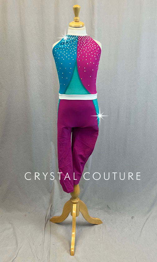 Teal & Magenta Unitard with Mesh Inserts and White Edging - Rhinestones