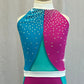 Teal & Magenta Unitard with Mesh Inserts and White Edging - Rhinestones