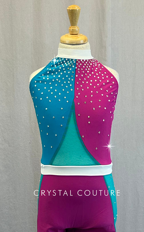 Teal & Magenta Unitard with Mesh Inserts and White Edging - Rhinestones