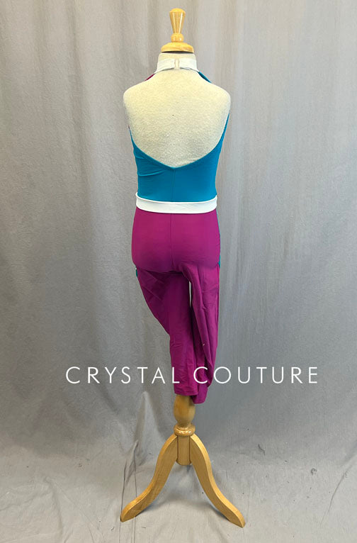 Teal & Magenta Unitard with Mesh Inserts and White Edging - Rhinestones